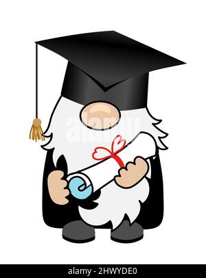 GNOME in Absolventenmütze - netter lächelnder fröhlicher Troll mit Diplom. Cartoon-Figur im skandinavischen Stil. Herzlichen Glückwunsch an die Absolventen. Gut für T-Shirt, mu Stock Vektor