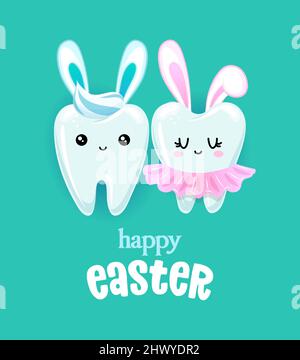 Happy Easter - Paingermuster im Kawaii-Stil. Handgezeichnete Zahnfee mit witzigem Zitat. Gut für Schulvorbeugung Plakate, Begrüßung Auto Stock Vektor