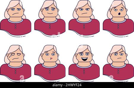 Gesichtsausdrücke von Frauen. Nettes Mädchen mit verschiedenen Emotionen Vektor flache Illustration. Stock Vektor