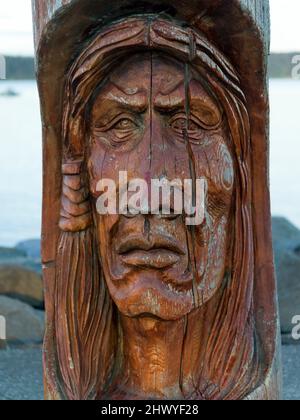 Totem Pole am Campbell River, Vancouver Island, British Columbia, Kanada Stockfoto