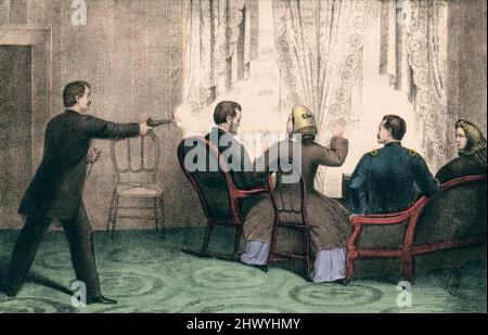 Das Attentat auf Präsident Abraham Lincoln am 14. April 1865 von John Wilkes Booth im Ford's Theatre, Washington, während des Theaterstücks Unser amerikanischer Cousin. Nach einer zeitgenössischen Illustration. Stockfoto