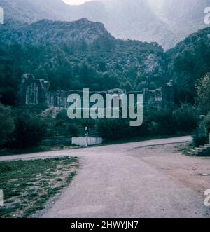 Nymphaeum des Zaghouan Aquädukts oder Aquädukts von Karthago mit einer Gesamtlänge von 132 km von den Quellen in Zaghouan bis Karthago (heute Tunis). Archivscan von einem Dia. April 1976. Stockfoto
