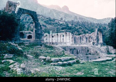 Nymphaeum des Zaghouan Aquädukts oder Aquädukts von Karthago mit einer Gesamtlänge von 132 km von den Quellen in Zaghouan bis Karthago (heute Tunis). Archivscan von einem Dia. April 1976. Stockfoto