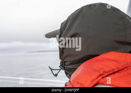 Rückansicht eines Whale Watchers in orangen Schwimmwesten auf einem Boot auf der Johnstone Strait, British Columbia, Vancouver Island, Kanada Stockfoto