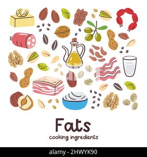 High fat foods. Cooking ingredients collection. Dairy product, meat, nuts, olive oil. Healthy balanced diet. Stock Vektor