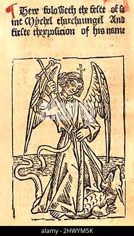 Holzschnitt aus dem 15.. Jahrhundert, der den Erzengel Michael bei der Tötung eines Drachen zeigt, gedruckt von William Caxton ( 1422-1491/92) in seiner Übersetzung von 'die goldene Legende' oder 'so endet die legende, die in Latyn legenda aurea genannt wird und in Englysshe die goldene legende heißt' von Jacobus, de Voragine (ca. 1229-1298). Stockfoto