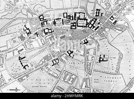 Vintage Street Map of Central Cambridge, England, im 19.. Jahrhundert; Schwarz-Weiß-Illustration; Stockfoto