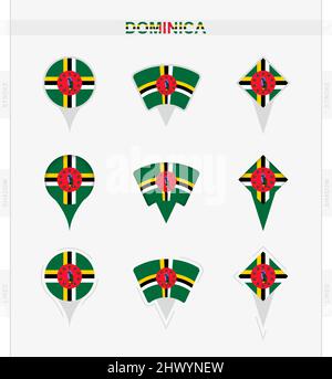 Dominica-Flagge, Set von Ortsnadelsymbolen der Dominica-Flagge. Vektordarstellung von nationalen Symbolen. Stock Vektor