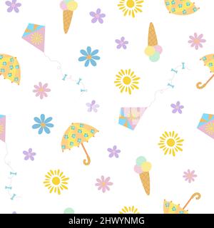 Ostern Urlaub oder Sommer traditionelle lustige Blumen, Regenschirm, Sonne, Drachen, Eis bunte nahtlose Muster, flache Stil Vektor-Illustration, Frühling festliche Zeit Dekor, Sommer-Design, Geschenkpapier, Banner Stock Vektor