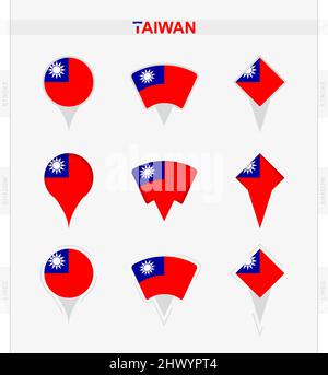Taiwan-Flagge, Satz von Positionsnadelsymbolen der Taiwan-Flagge. Vektordarstellung von nationalen Symbolen. Stock Vektor