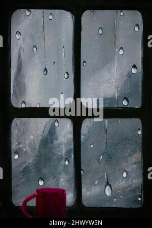 Tropfen auf das Glas des Fensters und eine Tasse Kaffee. Acrylmalerei. Stockfoto