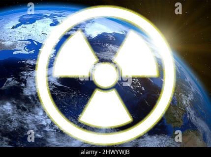 Bild der Erdanlage mit dem Symbol der Radioaktivität, Konzept des Atomkrieges, Konzept des Atomkrieges. Stockfoto