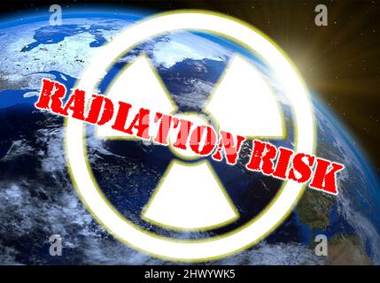 Bild der Erdanlage mit dem Symbol der Radioaktivität, Konzept des Atomkrieges, Konzept des Atomkrieges. Stockfoto