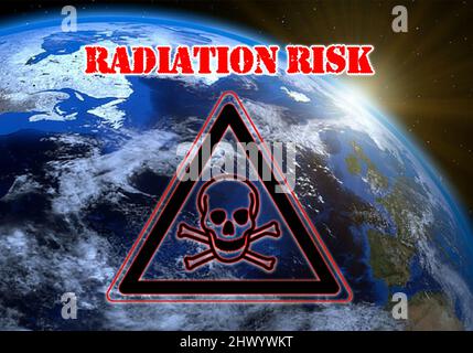 Bild der Erdanlage mit dem Symbol der Radioaktivität, Konzept des Atomkrieges, Konzept des Atomkrieges. Stockfoto