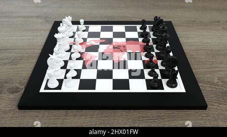 World Chessboard - Schachspiel mit Weltkarte - 3D Rendering Stockfoto