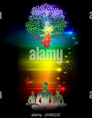 Spiritueller Hintergrund mit menschlicher Silhouette meditierend und Lebensbaum Stockfoto