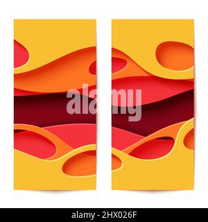 Satz von Papier geschnittenen Flyern mit Wellen und Loch. Gelb-orange rosa und dunkelrot 3D abstrakter Hintergrund mit glatten welligen Schichten. Vertikale Broschürenvorlage Stock Vektor