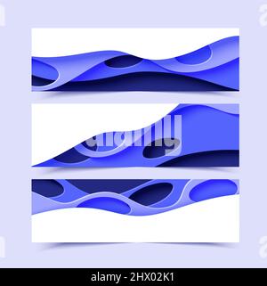 Drei abstrakte horizontale Flyer-Kollektion im Schnitt-Papier-Stil. Set von ausgeschnittenen blauen Wellen mit Löchern Vorlage für die Rettung der Erde Plakate, Welt Stock Vektor