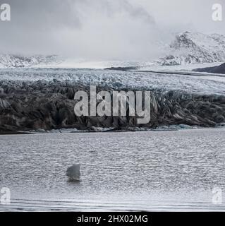 Skaftafellsjokull-Gletscher, Island. Gletscherzunge gleitet von der Vatnajokull-Eiskappe oder dem Vatna-Gletscher in der Nähe des subglazialen Esjufjoll-Vulkans. gletschersee Stockfoto