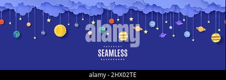 Nahtloses Muster am Nachthimmel mit Planeten und Sternen am Seil in Papierform. Schneiden Sie 3D Hintergrund mit bewölkten Landschaft mit Raum Sonnensystem Stock Vektor