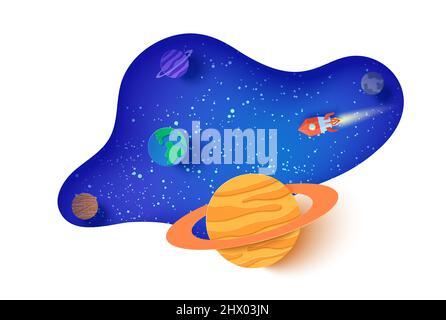 Space Landscape in Papierschnitt-Stil. Cartoon 3D Saturn, Erde, Jupiter, Neptun-Planeten, rote polygonale Rakete. Abstrakter Vektorrahmen mit Sternennacht Stock Vektor