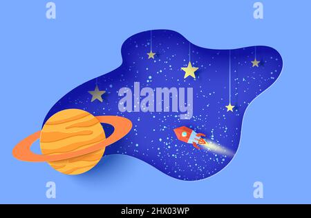 Space Landscape in Papierschnitt-Stil. Cartoon 3D Saturn Planet, rote polygonale Rakete. Abstrakter Vektorrahmen mit Sternen am Seil am Sternenhimmel. Kinder Stock Vektor