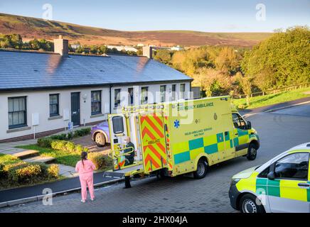 Sanitäter bringen einen Patienten in ihren Krankenwagen, nachdem er den Patienten in seinem Haus in der Nähe von Pontypool, S. Wales, Großbritannien, untersucht hat Stockfoto