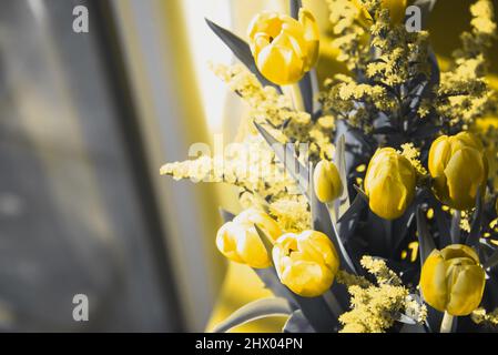 Tulpenblüten auf dem Tisch neben dem Fenster. Moody Hintergrund. Vintage grau gelb getönte Foto. Selektiver Fokus und geringe Schärfentiefe. Stockfoto