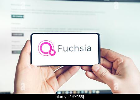 Moskau Russland 25.12.2021 Logo von Fuchsia. Open-Source-Betriebssystem, das von Google entwickelt wurde. Mann, der das Mobiltelefon in den Händen hält. Stockfoto