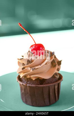 Schokoladenkuchen mit Schlagsahne und roter Kirsche auf dem Teller Stockfoto