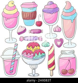 Süße Desserts, Eis. Satz von Vektorgrafiken im Handzeichnen-Stil. Sammlung von Symbolen, Sticker. Kaffee, Cocktail, Eis Stock Vektor