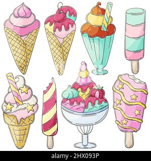 Süße Desserts, Eis. Satz von Vektorgrafiken im Handzeichnen-Stil. Sammlung von Symbolen, Pins, Schilder, Aufkleber. Eis in einer Tasse, in einer Vase, Stock Vektor