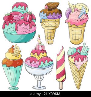 Satz von Vektorgrafiken im Handzeichnen-Stil. Süße Desserts, Eis. Sammlung von Aufklebern. Eis in einer Tasse, Eis, süßes Eis Stock Vektor
