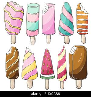 Satz von Vektorgrafiken im Handzeichnen-Stil. Süße Desserts, Eis. Sammlung von Aufklebern. Eis, Eis, Eis Stock Vektor