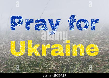 Betet für die Ukraine. Die Inschrift in blau und blau als Flagge der Ukraine auf einem Hintergrund der Natur. Hilf der Ukraine vor der russischen Invasion. Stockfoto