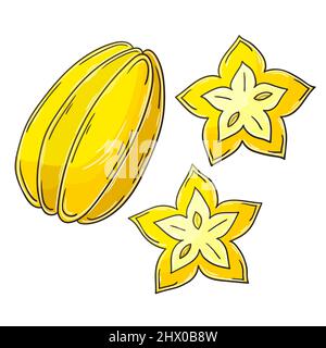 Karambola, Sternfrucht. Satz von Vektorgrafiken im handgezeichneten Stil. Kinderzeichnungen, Poster mit Früchten. Sammlung von Symbolen, Schildern, Pins, sti Stock Vektor