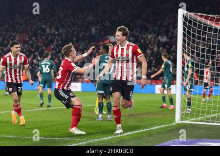 Sheffield, Großbritannien. 08. März 2022. Tor Sheffield United während des Spiels der EFL Sky Bet Championship zwischen Sheffield Utd und Middlesbrough in Bramall Lane, Sheffield, England am 8. März 2022. Foto von Simon Hall. Nur zur redaktionellen Verwendung, Lizenz für kommerzielle Nutzung erforderlich. Keine Verwendung bei Wetten, Spielen oder Veröffentlichungen einzelner Clubs/Vereine/Spieler. Kredit: UK Sports Pics Ltd/Alamy Live Nachrichten Stockfoto