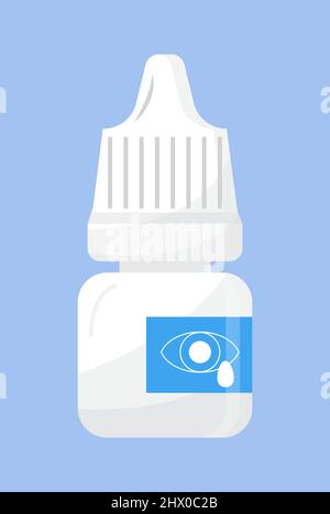 Symbol für Augentropfen-Flasche. Pharmazeutischer Drogentropfen für Ohr oder Augen. Einfacher medizinischer Medikamentenvektor auf dem blauen Hintergrund in flacher Ausführung. Stock Vektor