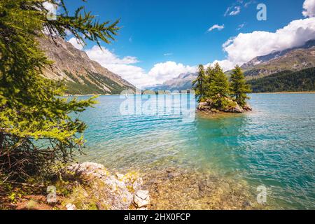 Toller Blick auf den azurblauen Silsersee (Sils) und den Piz Corvatsch. Malerische und wunderschöne Szene. Beliebte Touristenattraktion. Ort Oberen eng Stockfoto