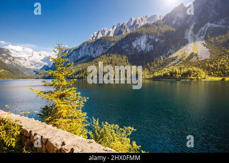 Großer azurblauer Alpensee Vorderer Gosausee. Malerische und wunderschöne Morgenszene. Das Salzkammergut ist ein berühmtes Erholungsgebiet im Gosautal i Stockfoto