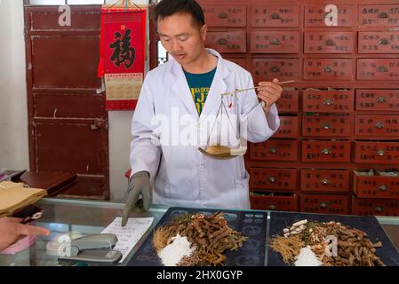 Xizhou, China – 26. April 2019: Ein Apotheker der traditionellen Medizin liest das Rezept und bereitet die notwendigen Zutaten für die Infusion oder den Abkok zu Stockfoto