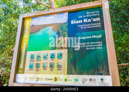 Muyil Mexiko 02. Februar 2022 Information Eingang Wanderwege und willkommen Sing Board zum Sian Ka'an Nationalpark in Muyil Chunyaxche Quintana Stockfoto