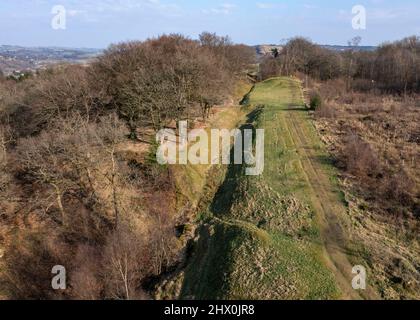 Luftaufnahme östlich der Antonine Wall vom Bar Hill Roman Fort, Twechar Hill in der Nähe von Glasgow. Stockfoto