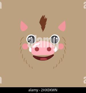 Niedlichen Wildschwein Porträt quadratischen Lächeln Kopf Cartoon runde Form Tier Schwein Gesicht, isoliert Vektor-Symbol Illustration. Flach einfache Hand gezeichnet für Kinder Poster UI App Avatar Maskottchen, Karten, T-Shirts, Babykleidung Stock Vektor