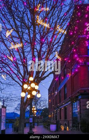 Rosa Lichter und beleuchtete Worte in Bäumen, Gastown, Vancouver, British Columbia, Kanada Stockfoto