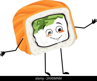 Sushi-Charakter mit fröhlichen Emotionen, glücklichem Gesicht, Lächeln, Augen, Armen und Beinen. Person mit lustigem Ausdruck, asiatisches Essen Emoticon. Vektorgrafik flach Stock Vektor