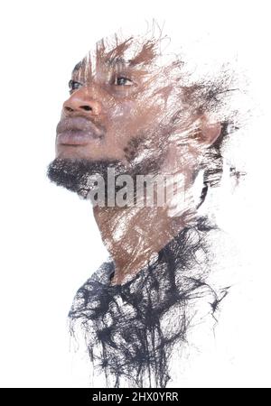 Paintographie. Ein Porträt eines Mannes kombiniert mit einem abstrakten Gemälde. Stockfoto