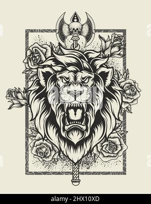 Illustration Vektor Löwenkopf mit Rosenblüte Stock Vektor