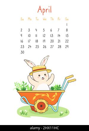 Kalender 2023 mit Kaninchen, Seite april Planer Veranstalter. Hase im Garten rustikalen Wagen. Kindlicher Charakter Hase in Schubkarre Maskottchen Jahr. Flache Cartoon Zeichnung Vorlage Haustier Monat Poster Vektor Stock Vektor