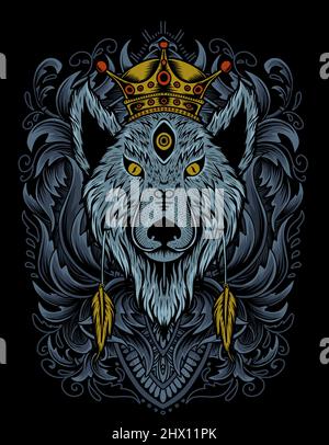 Illustration König Vektor Wolf Kopf mit Vintage Gravur Ornament auf schwarzem Hintergrund Stock Vektor